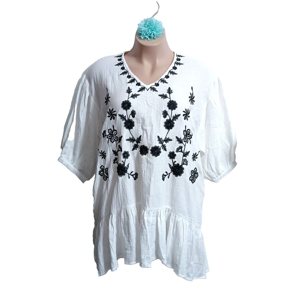 Kye Mi Women Cotton Gauze Tunic Top L White Embroidered Flounce Hi Low Floral